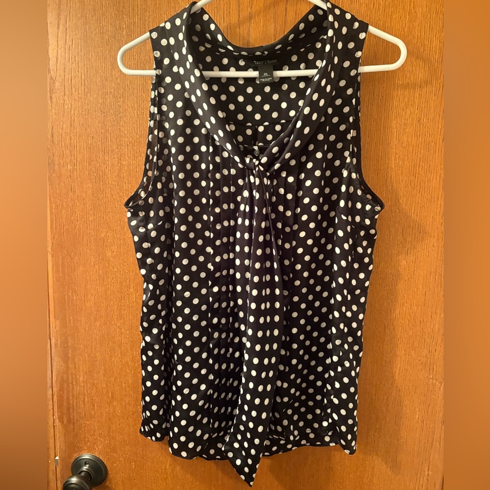 White House Black Market top polka dot tie neck black white like new XL WHBM